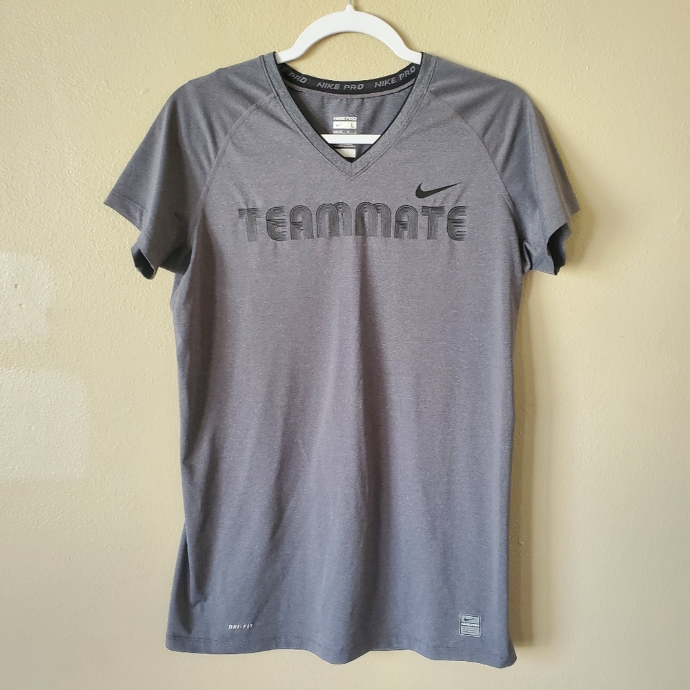 Nike Pro Gray Short Sleeve Athletic Workout Top L